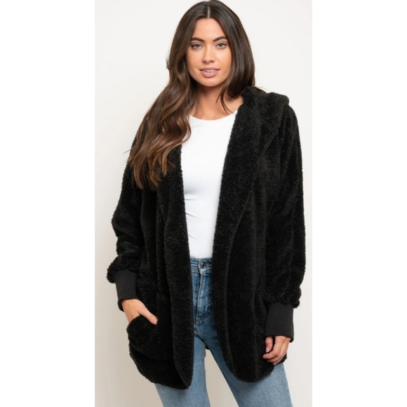 5⭐ black oversized fuzzy sherpa faux fur hooded open front cardigan pockets - Picture 2 of 9